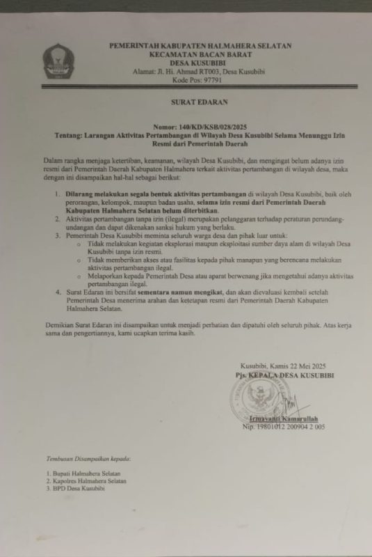 Pemdes Kusubibi Resmi Larang Aktivitas Tambang, Patuhi Arahan Kapolda Malut